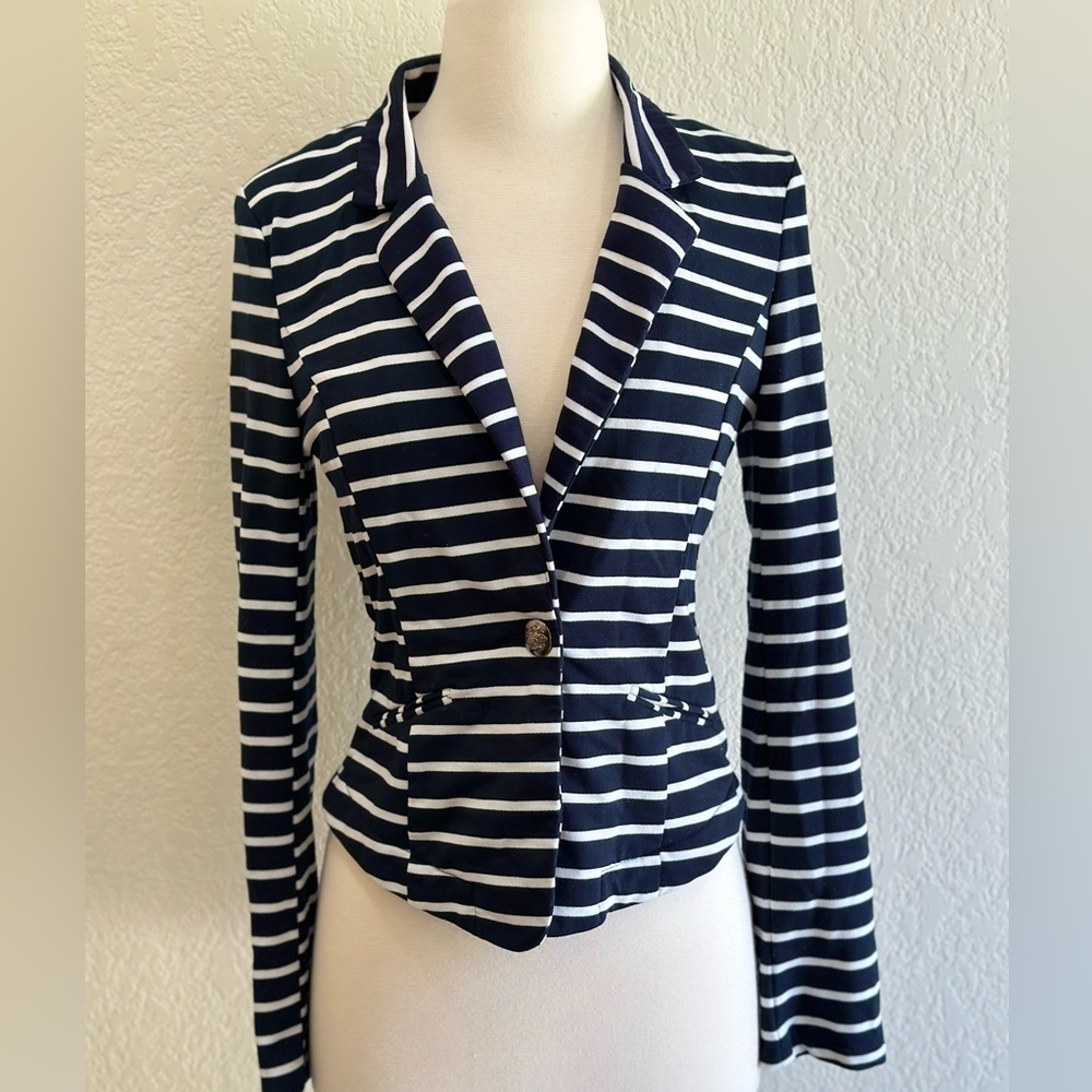 Poetry Women's Navy Blue White Striped Fitted Blazer Jacket Large